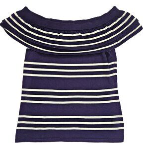 New Pointelle Off the Shoulder Blue & White Sweater